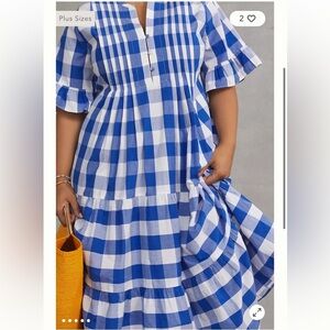 Anthropologie Blue and White Gingham Midi Dress